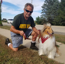 Load image into Gallery viewer, Beautiful sable rough coat collie with owner who is wearing Green Bay Packers shirt and holding the rosary leash in his hand. Pretty skies overhead.