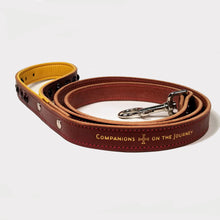Load image into Gallery viewer, Handcrafted leaather dog leash. Gold stamped with biblical scripture.  Brass snap, rosary beads.