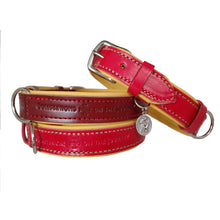 Load image into Gallery viewer, Two red leather dog collars with metal buckles on a white background