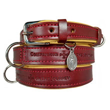 Load image into Gallery viewer, Handmade chestnut leather dog collar with red stitching  and nickel plated buckles with a Miraculous Medal of the Blessed Virgin. Leatherstamp says Companions on the Journey