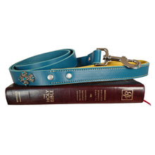 Load image into Gallery viewer, Blue Leather Dog Leash with Jeweled Cross  - The Angelica