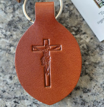 Load image into Gallery viewer, St. Philomena Heroic Virtue handcrafted leather key chain