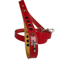 Load image into Gallery viewer, Red Leather dog leash with rosary beads and crucifix for praying and walking dog.