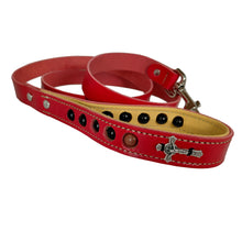 Load image into Gallery viewer, Red leather leash with deer skin tanned liner and rosary beads with crucifix.