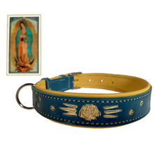 Load image into Gallery viewer, Handmade blue leather dog collar with gold designs from Our Lady of Guadalupe, with gold leather liner and picture of Our Lady of Guadalupe.