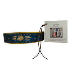 Load image into Gallery viewer, Blue and gold leather dog leash with Our Lady of Guadalupe  symbolism