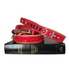 Load image into Gallery viewer, Red leather dog leash with rosary on top of book Divine Intimacy by Fr. Gabriel